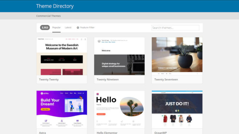 Screenshot of the WordPress theme directory, which now features popular themes.