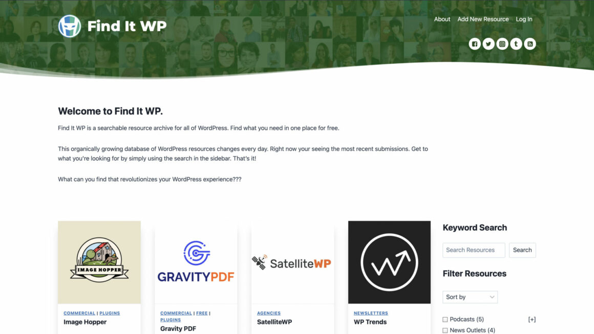 Screenshot of the Find It WP homepage, which lists the most recent WordPress-related resources in a four-column grid.