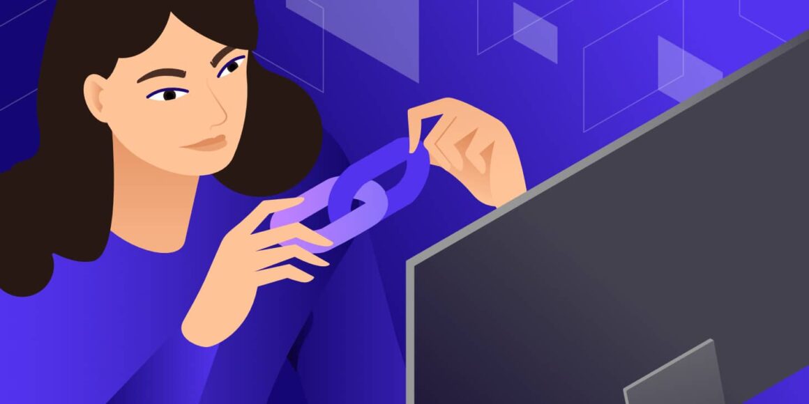 Illustration for "remove the following redirect chain if possible" showing a woman in front of a computer screen, holding up two interlocking links in a chain.