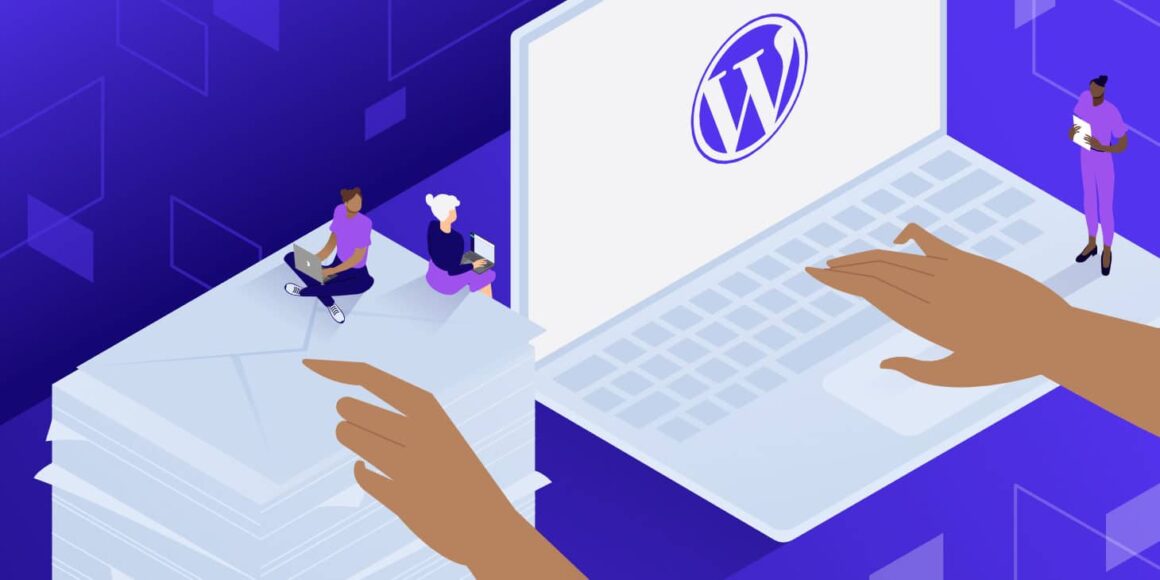 A pair of hands, one pointing at a tall stack of documents, the other typing on the keyboard of a laptop that has the WordPress logo displayed on the screen.